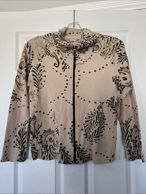 Onque Casuals Beige Zip-Front Jacket with Black Paisley Motif